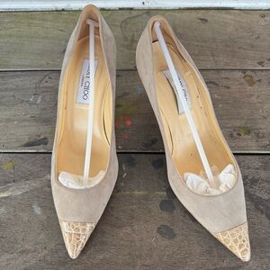 Jimmy Choo Tan Suede Heels with Croc-Embossed Toe